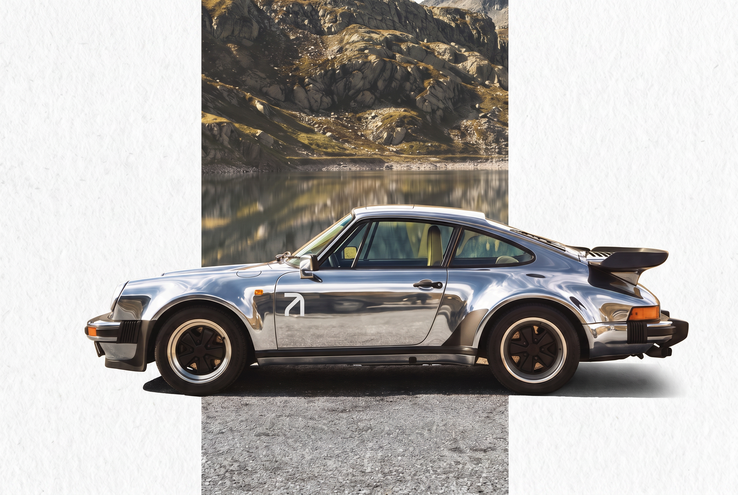Black Porsche GT3 driving through mountain pass at golden hour